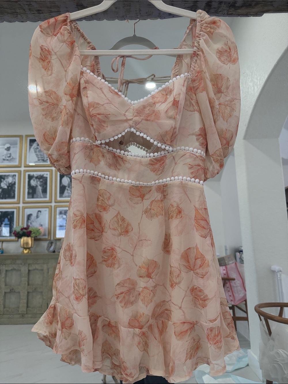 Saints + Secrets Peach Floral Pom-Pom Trim Mini Dress